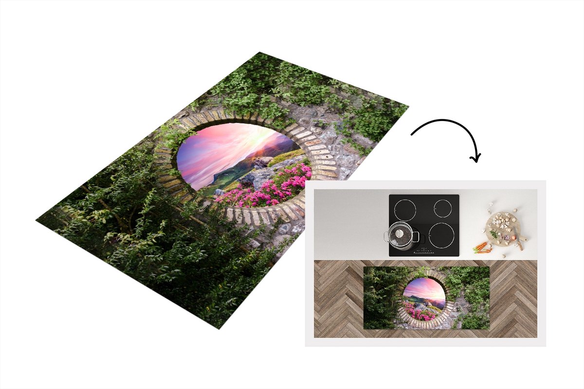 KitchenYeah Keukenloper - Loper keuken - Landschap - Bloemen - Doorkijk - Berg - 120x60 cm - Keukenloper vinyl Multicolor