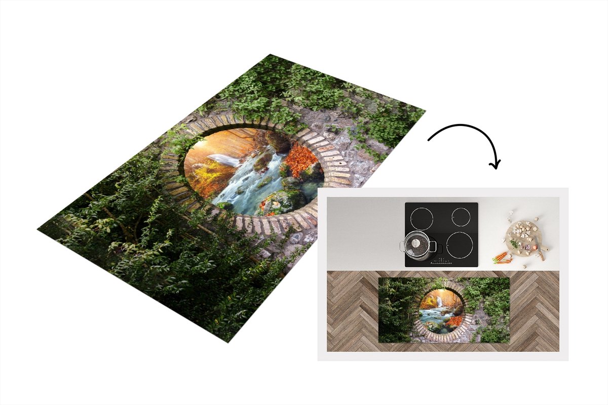 KitchenYeah Keukenloper - Loper keuken - Herfst - Waterval - Natuur - Doorkijk - 120x60 cm - Keukenloper vinyl Multicolor