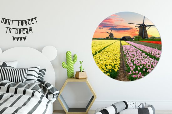WallCircle - Wall Circle - Wall Circle Indoor - Moulin à Vent - Tulipes - Fleurs - Nederland - 150x150 cm - Décoration murale - Peintures Ronds