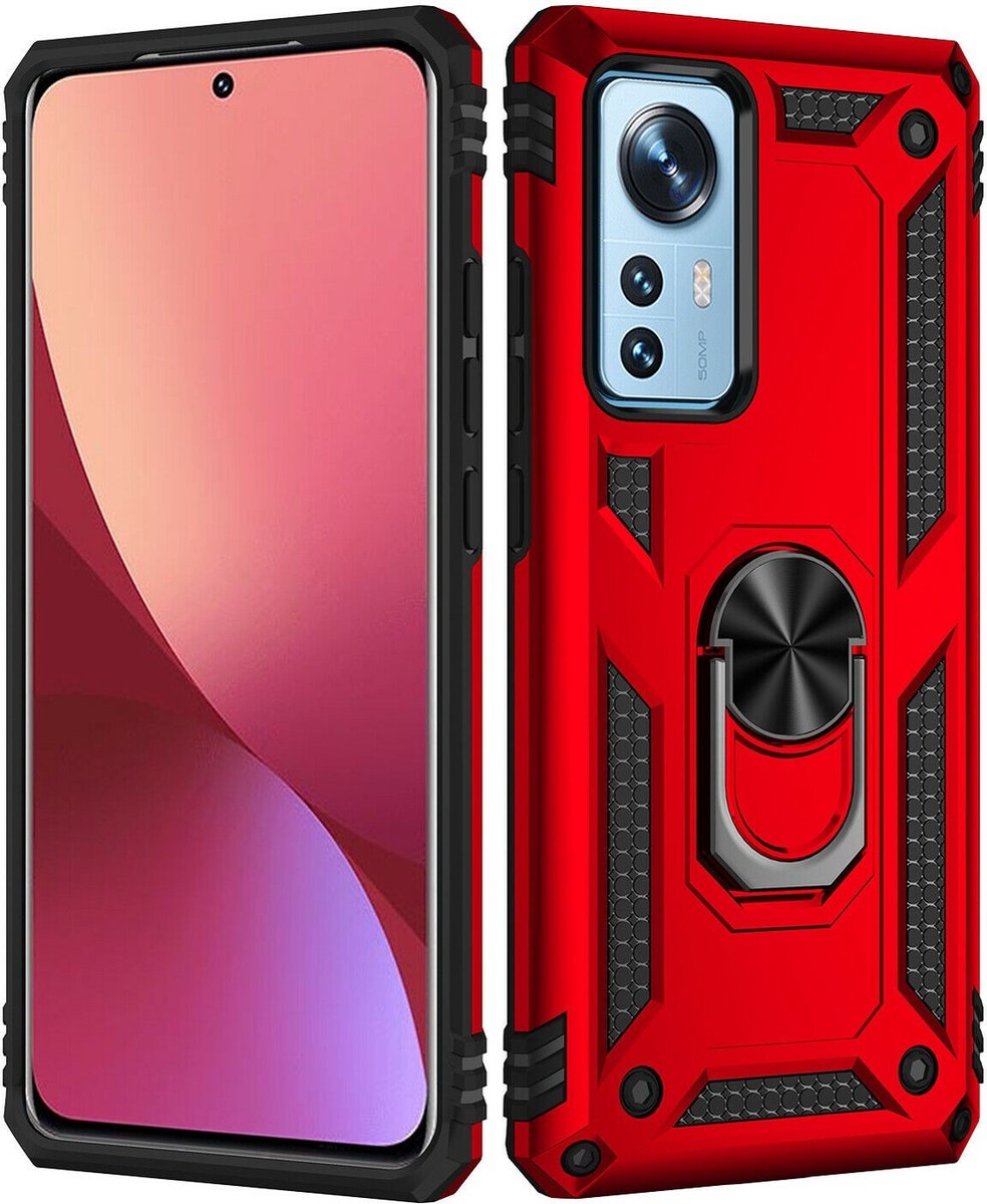 Xiaomi Redmi 12X Ring Hoesje Armor Anti-shock Backcover Rood - Xiaomi Redmi 12X - Redmi 12X Backcover kickstand Ring houder cover TPU backcover oTronica