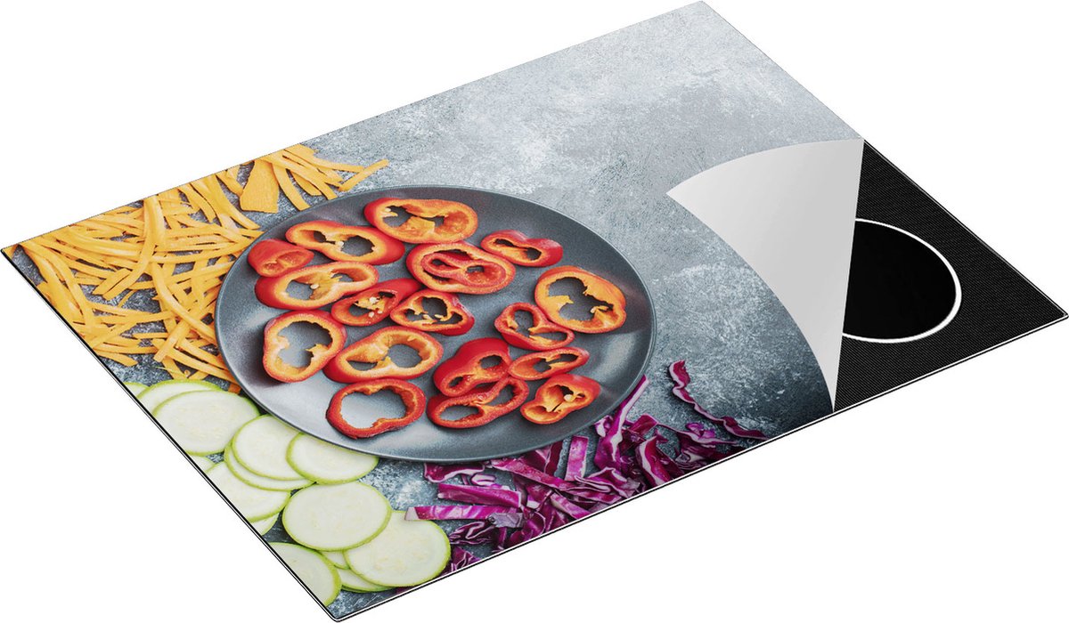 Chefcare Inductie Beschermer Gesneden Groente op Grijze Marmer - Groentes - 70x55 cm - Afdekplaat Inductie - Kookplaat Beschermer - Inductie Mat