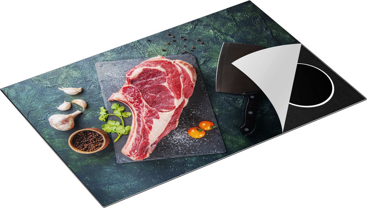 Chefcare Inductie Beschermer Vlees met een Mes op een Marmeren Plaat - 78x52 cm - Afdekplaat Inductie - Kookplaat Beschermer - Inductie Mat