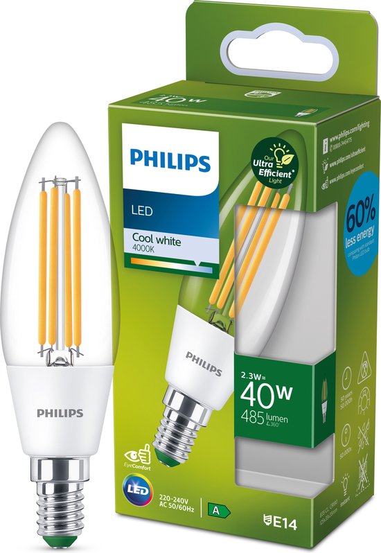 Philips Ultra Efficient LED kaarslamp Transparant - 40 W - E14 - Koelwit licht