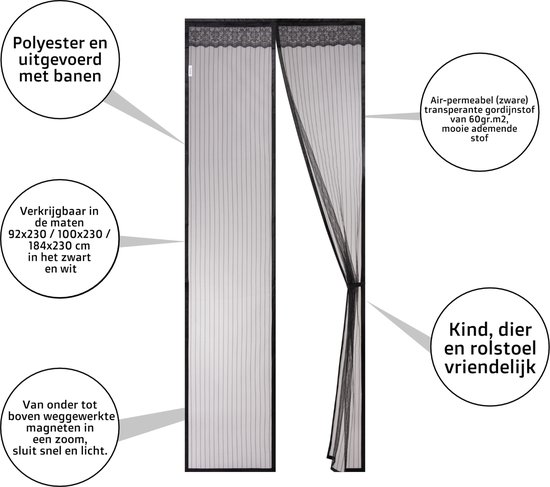 Zwart magnetisch hor voor deuren met gedetailleerde informatie over materiaalkeuze, afmetingen en eigenschappen.