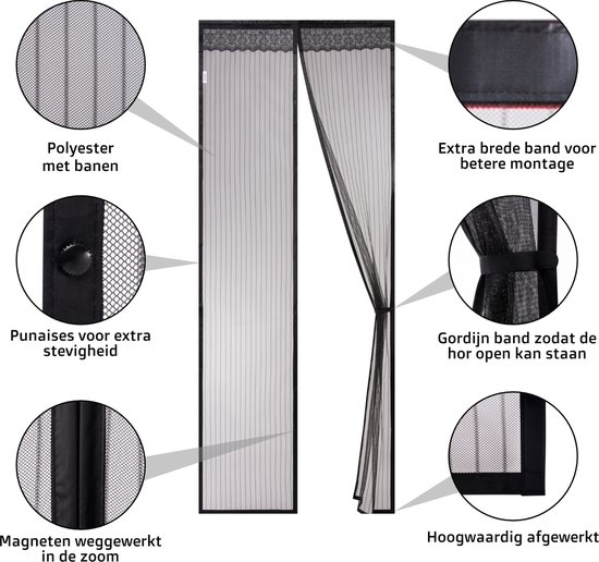 Zwart magnetisch hor voor deuren met decoratieve kanten boord, polyester met banen, magneten in de zoom, en extra brede band.