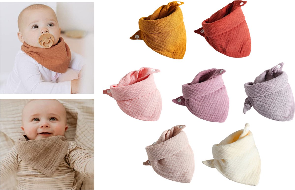 Goedkoopste 7 stuks Hydrofiele Bandana Slabbetjes - Roze - Geel - Crème - Roestbruin