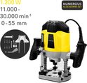Gele Trotec bovenfrees met accessoires, met specificaties zoals 1200W en 0-55mm diepte.