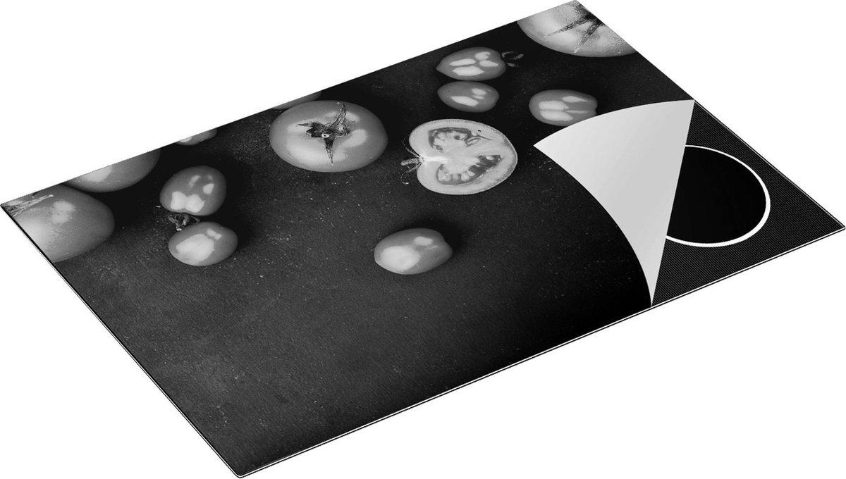 Chefcare Inductie Beschermer Tomaten op Zwarte Marmer - Zwart Wit - 80x52 cm - Afdekplaat Inductie - Kookplaat Beschermer - Inductie Mat