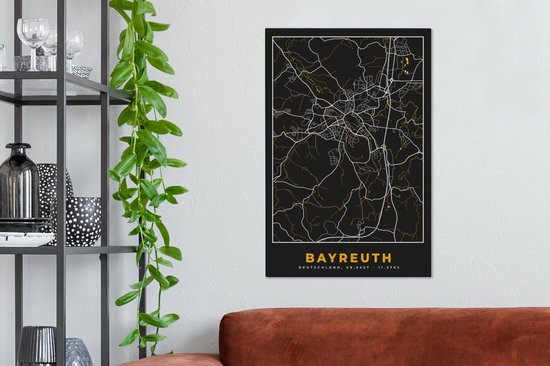 Tableau Peinture sur Toile Allemagne – Black and Gold et Or – Bayreuth – Plan de Ville – Carte – Plan d'Etage - 40x60 cm - Décoration murale