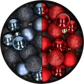 28x stuks kleine kunststof kerstballen donkerblauw en bordeaux rood 3 cm - kerstversiering