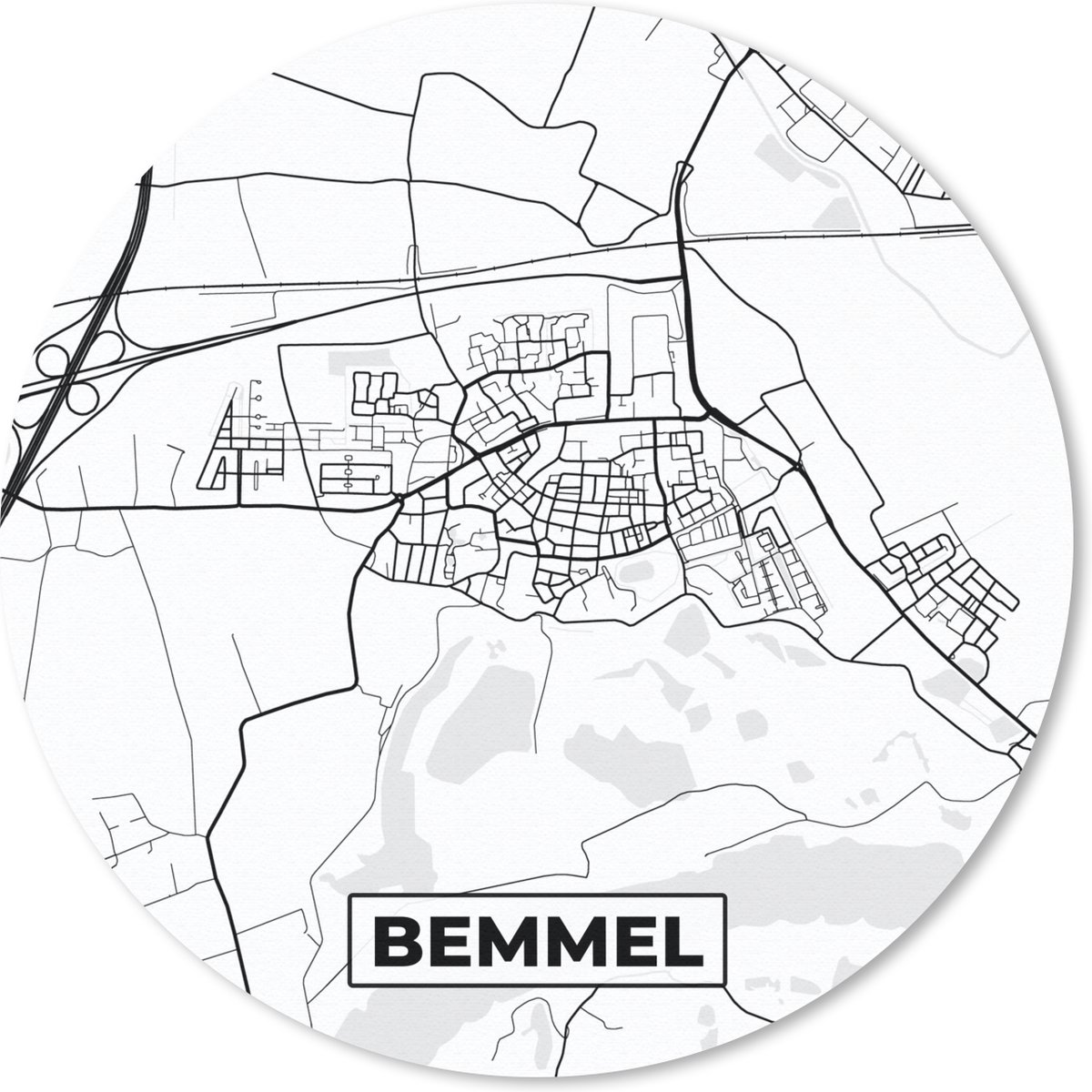 Muismat rond 50x50 cm - Mousepad Bemmel - Stadskaart - Kaart - Plattegrond - Zwart Wit - Nederland - Ronde muismatten - Stadskaart