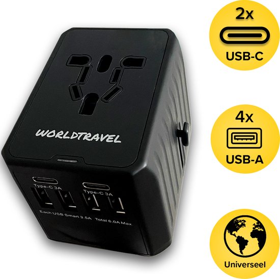Vader fage Sjah Aanwezigheid WorldTravel Universele Wereldstekker met 2 USB-C en 4 USB Poorten - 2000  Watt... | bol.com