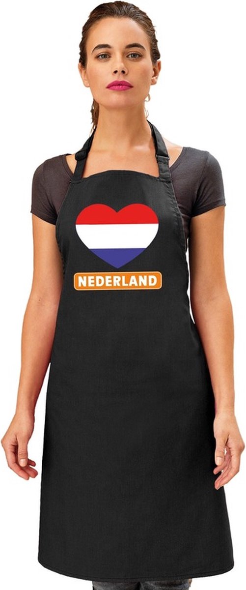 Keukenschort - Barbecueschort - I Love Nederland vlag - zwart - heren en dames - Landen supporters - Gerechten - Avond
