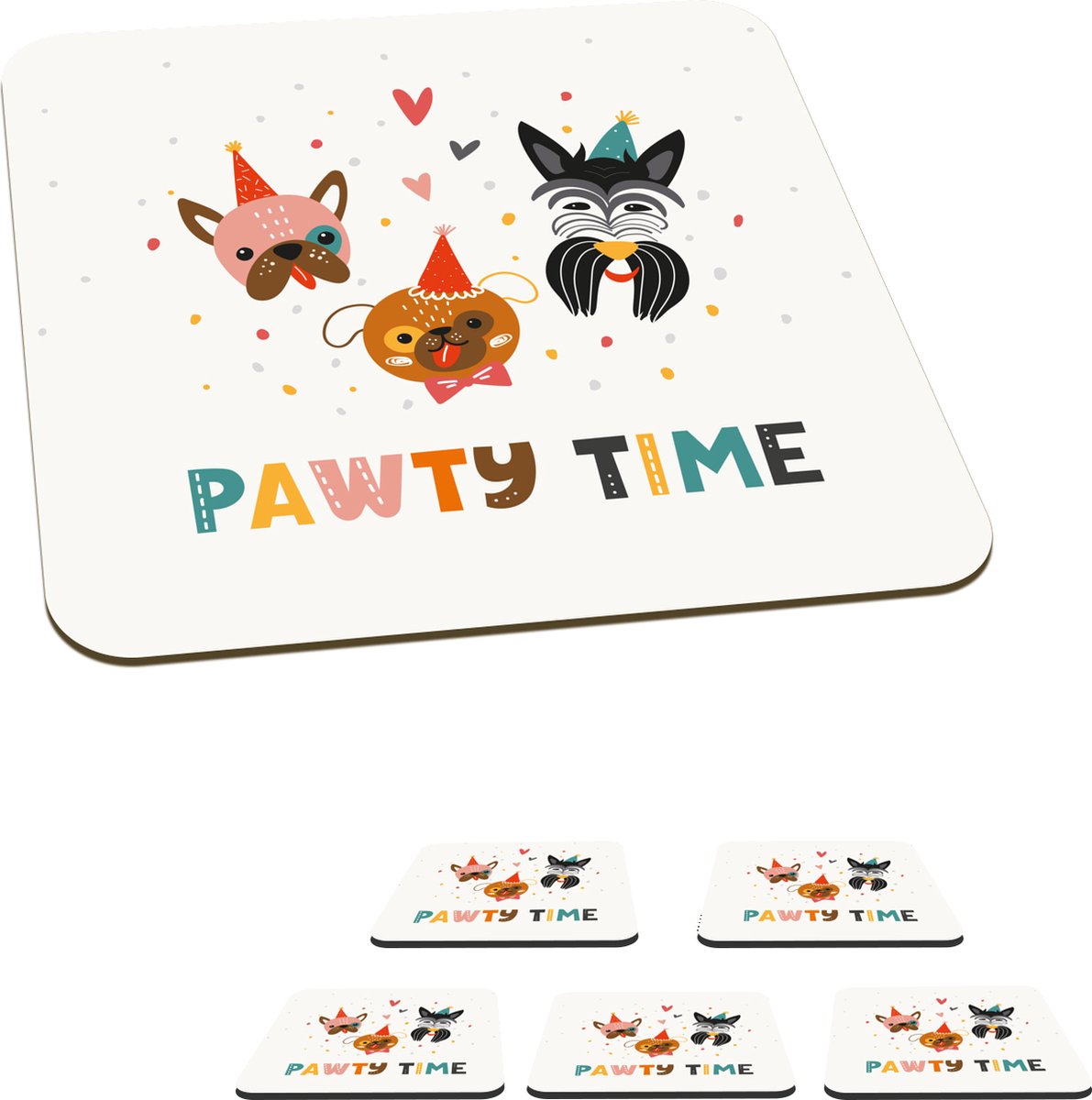 Onderzetters voor glazen - Quotes - Feest - Honden - Spreuken - Pawty time - 10x10 cm - Glasonderzetters - 6 stuks