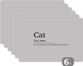 Placemat - Placemats kunststof - Quotes - Huisdieren - Cat - Spreuken - Woordenboek - Kat definitie - 45x30 cm - 6 stuks - Hittebestendig - Anti-Slip - Onderlegger - Afneembaar