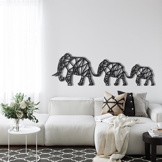 Wanddecoratie | Geometrische Olifantenfamilie   / Geometric Elephant Family | Metal - Wall Art | Muurdecoratie | Woonkamer |Zwart| 90x30cm