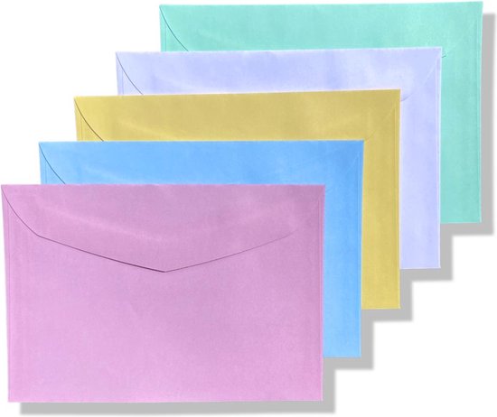 50 Gekleurde Enveloppen - C6 - 114x162mm - 5 kleuren - Geel / Roze/ Wit /  Blauw /... | bol