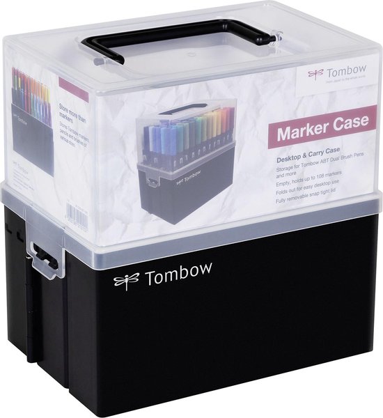 Zwarte opbergkoffer voor Tombow ABT Dual Brush pennen, met doorzichtige deksel en handvat. De koffer bevat een uitneembare houder met pennen.