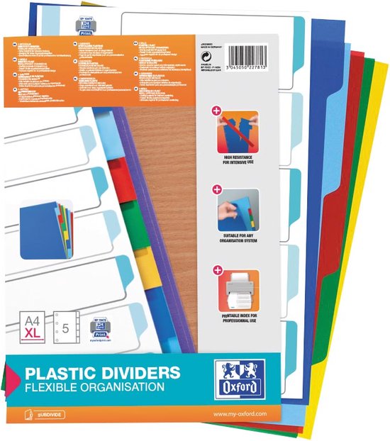 A4 XL plastic tabbladen van Oxford met 5 gekleurde tabs (blauw, groen, geel, rood, paars), 11-gaatsperforatie, 25 stuks.
