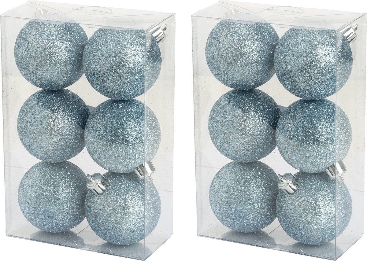 18x stuks kunststof glitter kerstballen ijsblauw 6 cm - Onbreekbare kerstballen - Kerstversiering