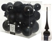 Kerstversiering kunststof kerstballen zwart 6-8-10 cm pakket van 27x stuks - Met glazen glans piek van 26 cm