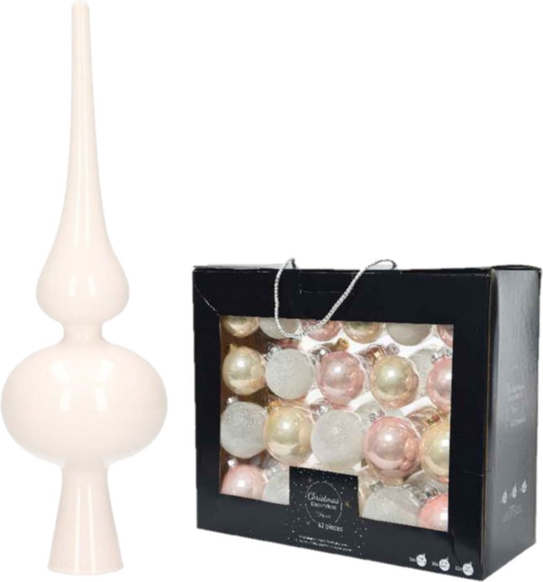 42x stuks glazen kerstballen lichtroze parel/wit 5 cm, 6 cm en 7 cm met witte glazen piek 26 cm - Kerstboomversiering