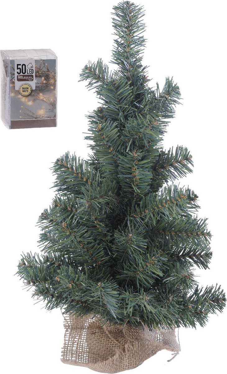 Mini kerstboom 60 cm in jute zak inclusief 50 warm witte lampjes - Mini kerstbomen met verlichting