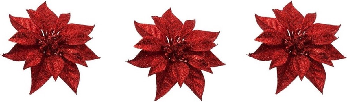 Cosy&Trendy Cosy & Trendy Kerstboomversiering - 3x - bloem - op clip - rood - kerstster - 18 cm - kerstversieringen