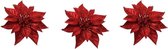 3x Kerstboomversiering bloem op clip rode kerstster 18 cm - kerstfiguren - rode kerstversieringen