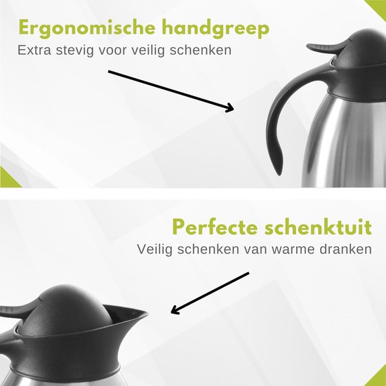 Close-up van de ergonomische handgreep en de perfecte schenktuit van de thermoskan.