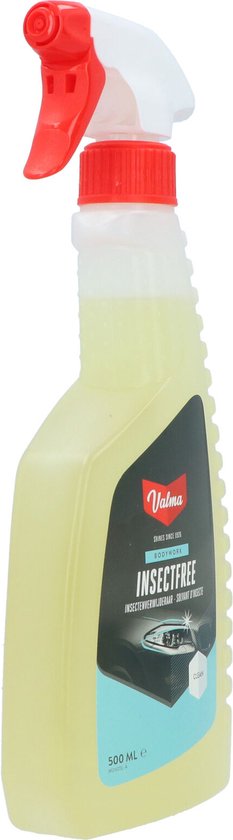 Spuitfles met gele Valma Insectfree reiniger. Verwijdert insectenresten van auto's, kunststof, glas, lak en chroom.