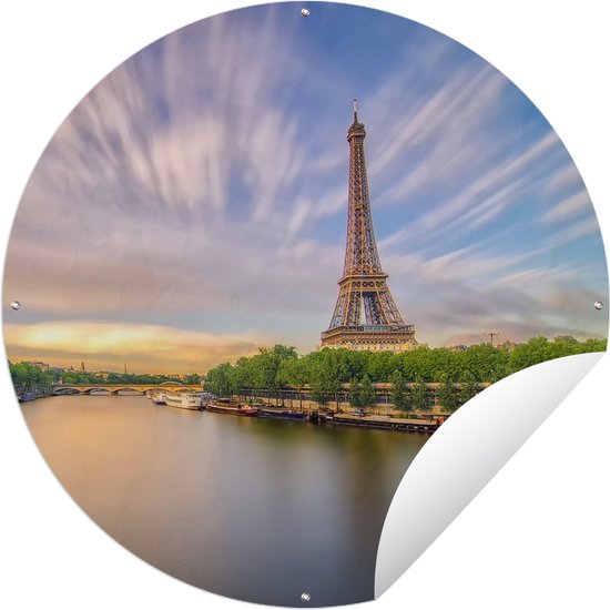 Tuincirkel Eiffeltoren - Rivier - Bomen - 90x90 cm - Ronde Tuinposter - Buiten