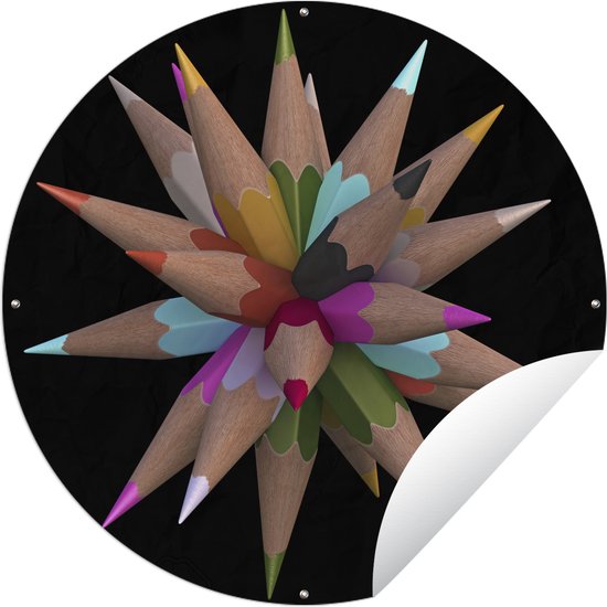 Tuincirkel 3d weergave van potloden op een zwarte achtergrond - 60x60 cm - Ronde Tuinposter - Buiten