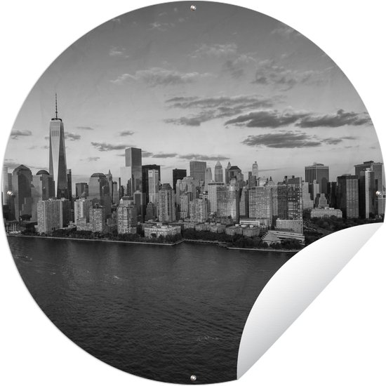 Tuincirkel Skyline New York tijdens Golden Hour - zwart wit - 90x90 cm - Ronde Tuinposter - Buiten