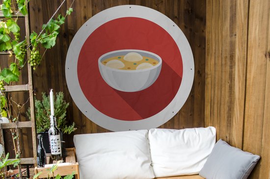 Cercle de jardin Une illustration de soupe au poulet sur fond rouge - 120x120 cm - Poster de jardin rond - Extérieur XXL / Groot format !