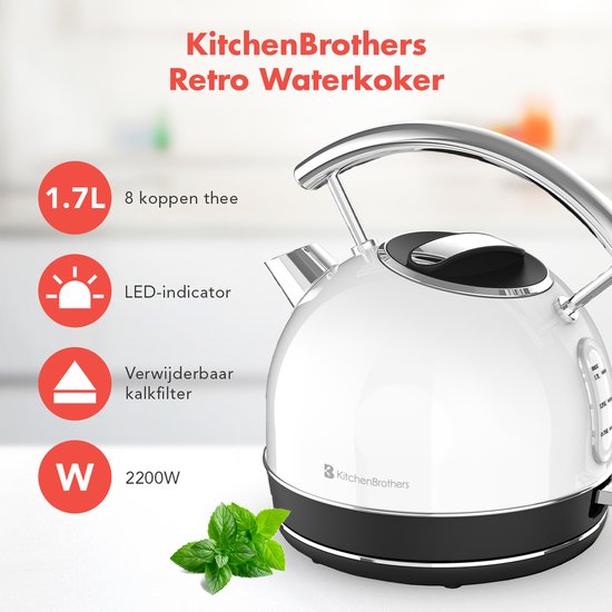 KitchenBrothers Elektrische Waterkoker - Retro - 1,7 L - LED-indicator - 2200W - RVS - Wit