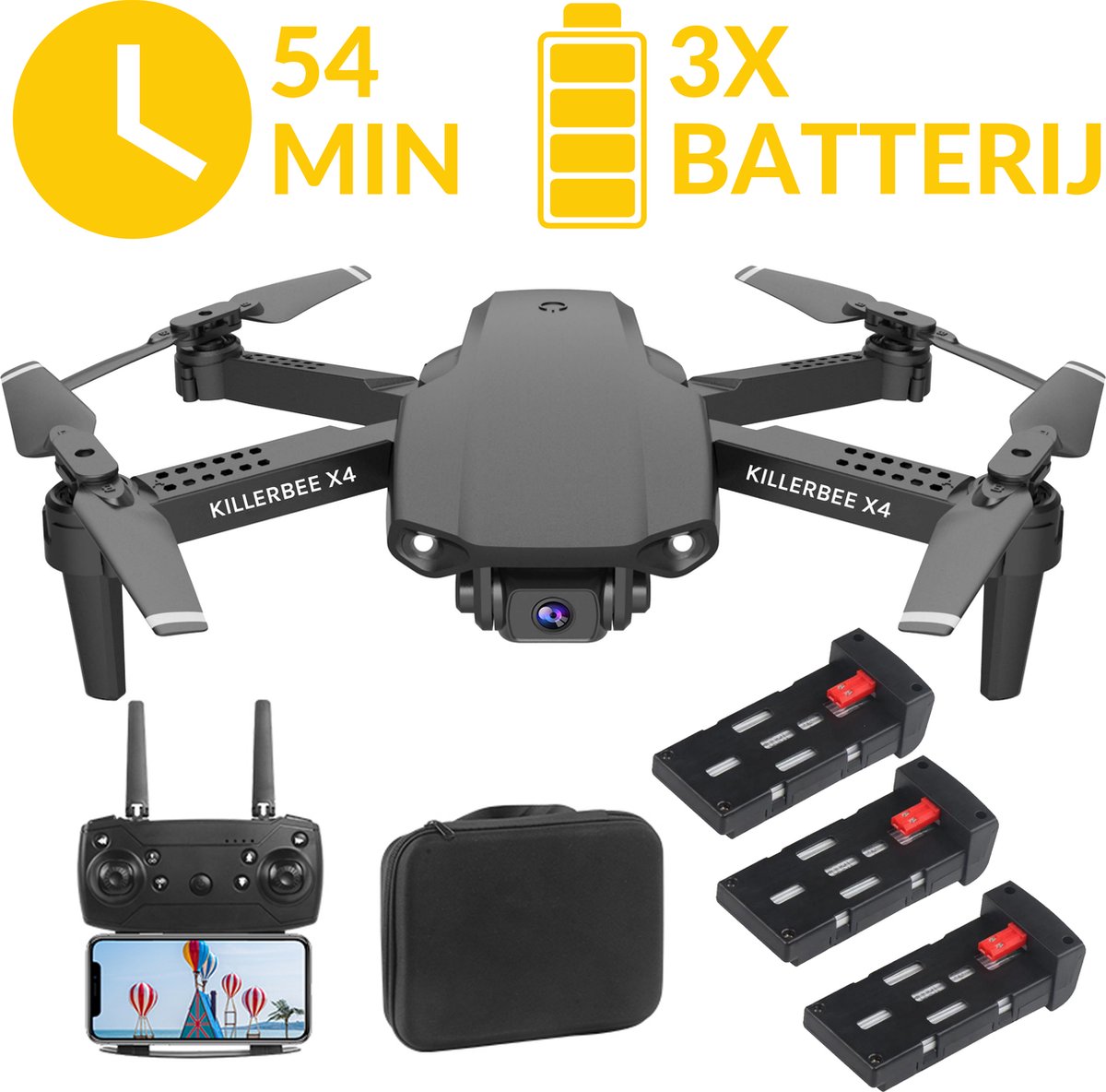 Killerbee X4 Eagle Eye Drone – Quad Drone met camera voor buiten en binnen met optical flow - Drone voor kinderen en volwassenen - Ultra fly more combo met 54 minuten vliegtijd - inclusief gratis cursus- inclusief opbergtas en 3 accu's.