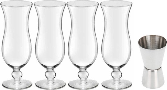 4x Verres à Verres à cocktail / verres hawaii bleus transparents 440 ml - Avec gobelet doseur en acier inoxydable / taille de barre 2-en-1 15/30 ml