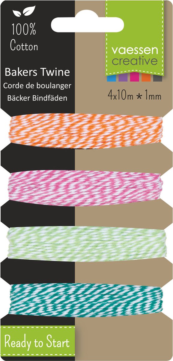 Vaessen Creative Bakers Twine - 4x10m - Oranje-Roze-Groen-Turquoise