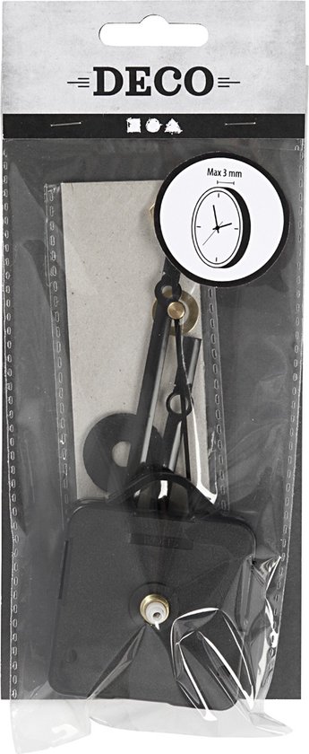 Zwart klokmechanisme in verpakking met illustratie van klok, max. 3mm.