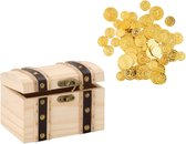Houten piraten schatkist 17 x 12.5 cm met 100x plastic gouden piraten geld munten - Speelgoed/verkleed artikelen