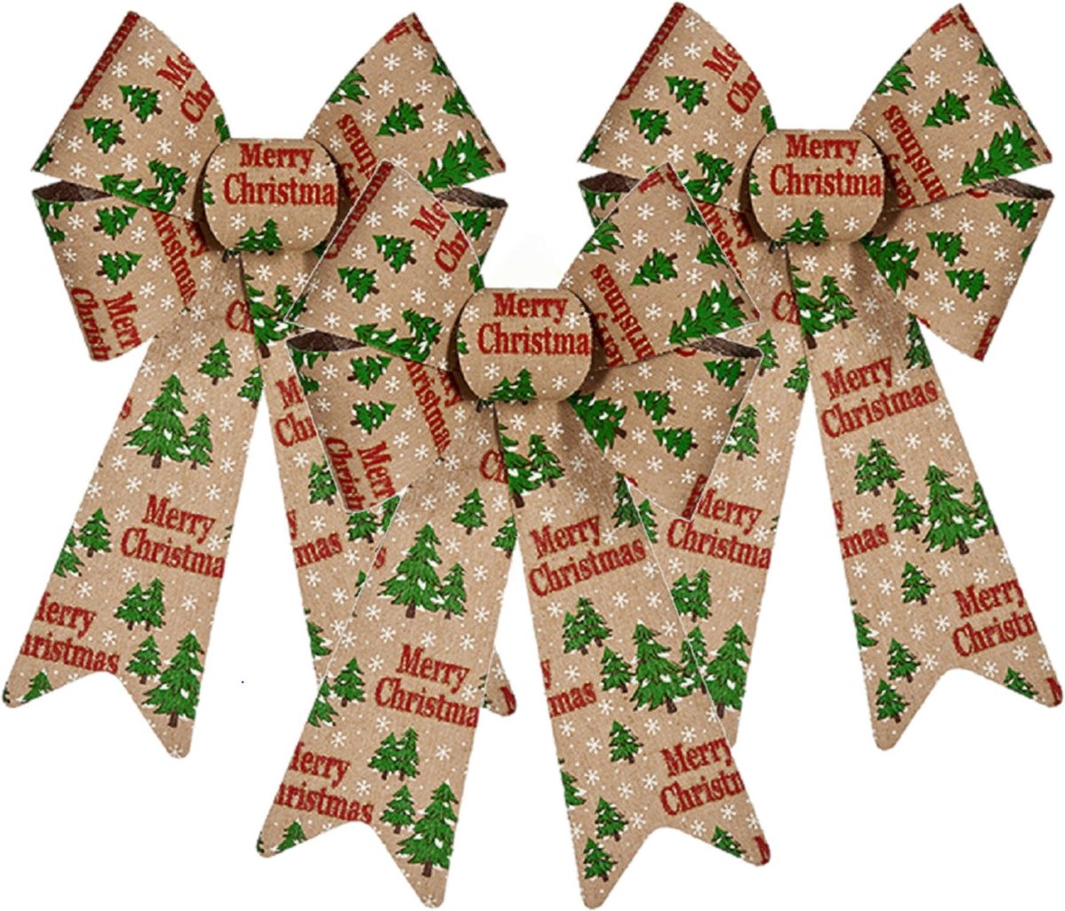 Kerstboomversieringen in creme/rood print, strikjes, 22 x 38 cm.