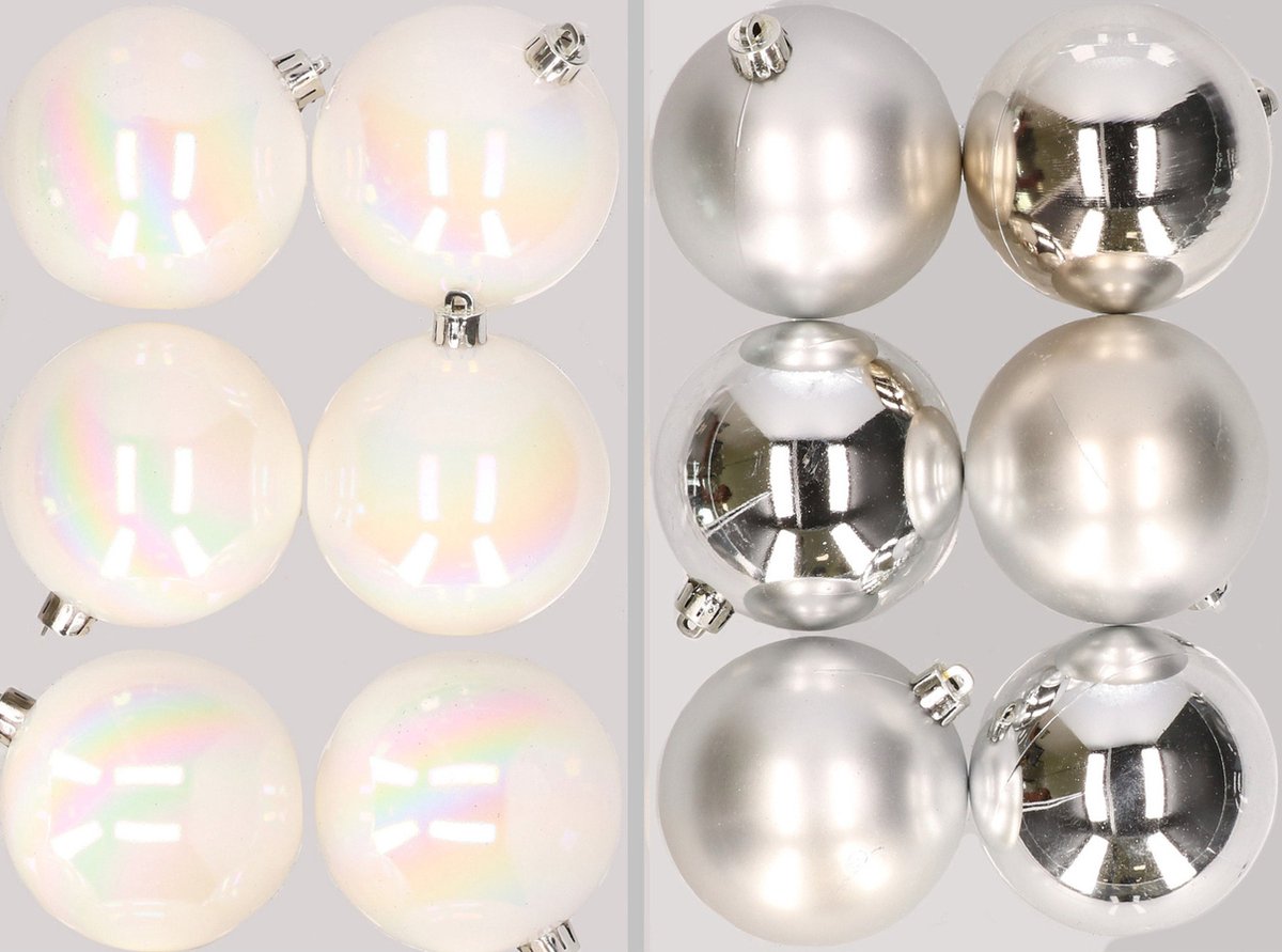 12x stuks kunststof kerstballen mix van parelmoer wit en zilver 8 cm - Kerstversiering