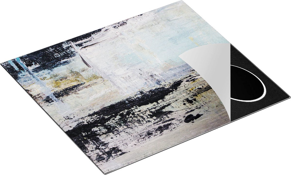 Chefcare Inductie Beschermer Abstracte Kunst - Acryl met Zwarte Vagen op Wit - 60x52 cm - Afdekplaat Inductie - Kookplaat Beschermer - Inductie Mat