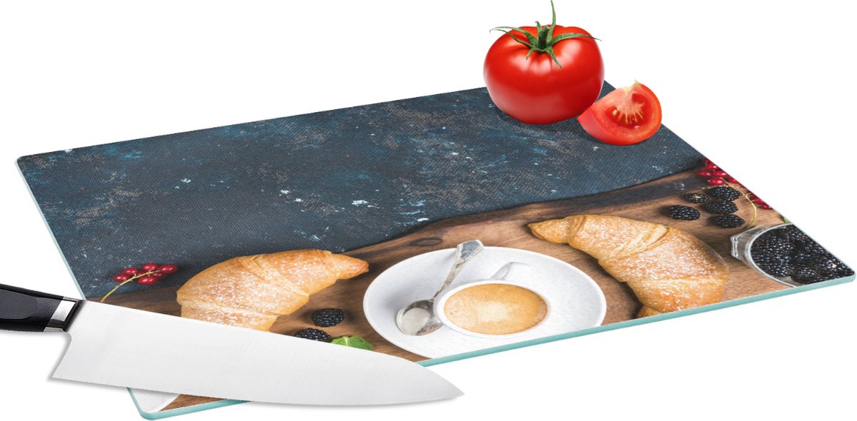 Glazen Snijplank - 39x28 - Croissant - Fruit - Koffie - Keuken - Snijplanken Glas