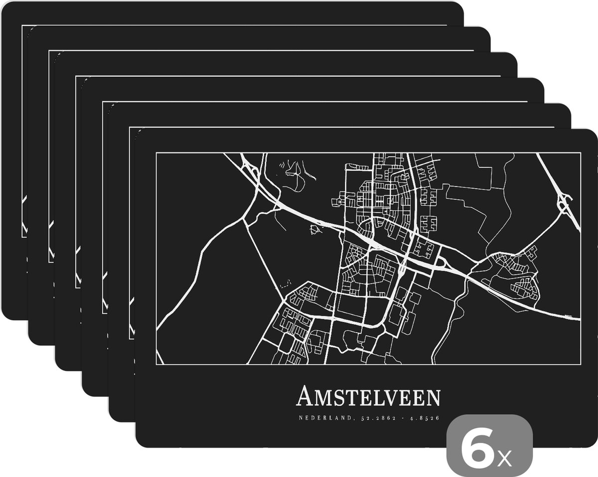 Placemat - Placemats kunststof - Amstelveen - Stadskaart - Kaart - Plattegrond - 45x30 cm - 6 stuks - Hittebestendig - Anti-Slip - Onderlegger - Afneembaar