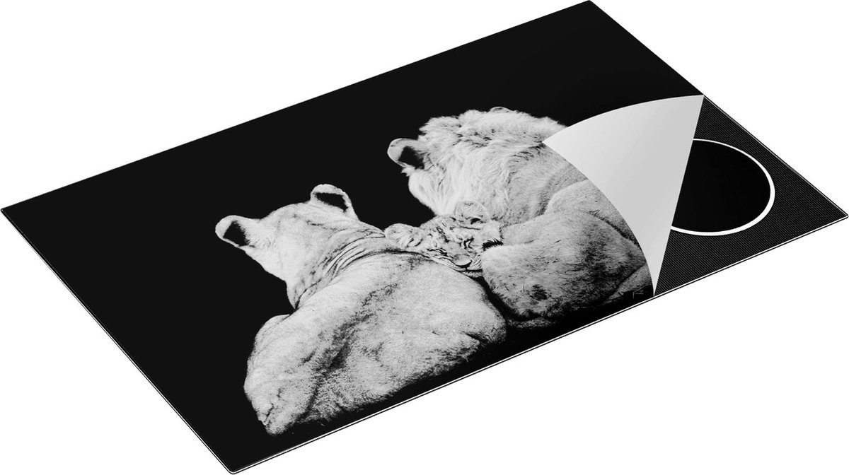 Chefcare Inductie Beschermer Leeuwen Familie - Leeuw - Zwart Wit - 85x55 cm - Afdekplaat Inductie - Kookplaat Beschermer - Inductie Mat