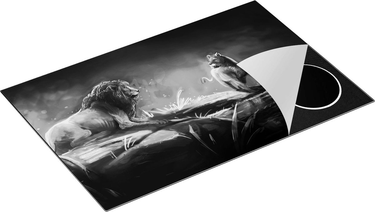 Chefcare Inductie Beschermer Leeuwen Familie in het Wild - Getekend - Zwart Wit - 81,6x52,7 cm - Afdekplaat Inductie - Kookplaat Beschermer - Inductie Mat