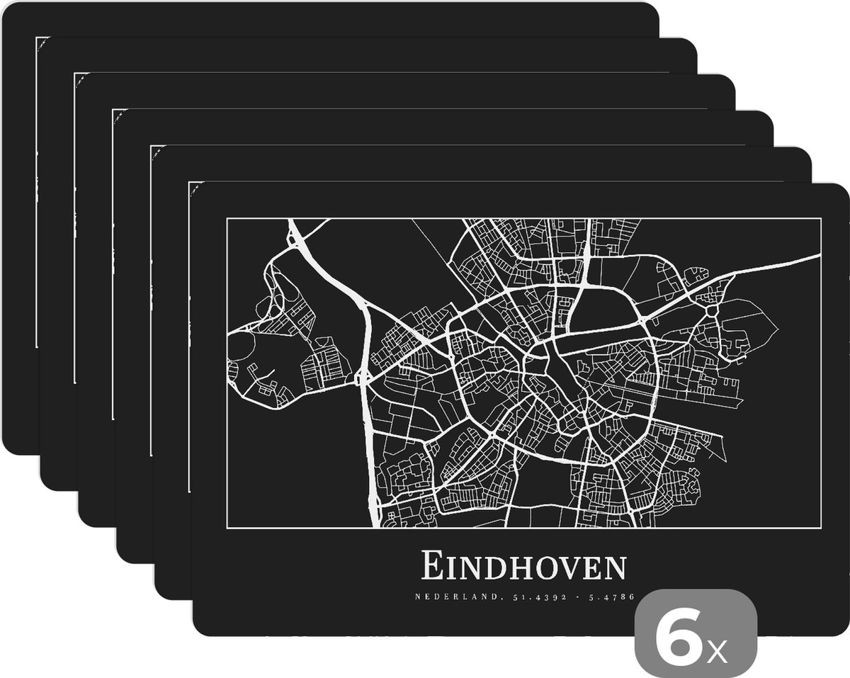 Placemat - Placemats kunststof - Plattegrond - Eindhoven - Kaart - Stadskaart - 45x30 cm - 6 stuks - Hittebestendig - Anti-Slip - Onderlegger - Afneembaar