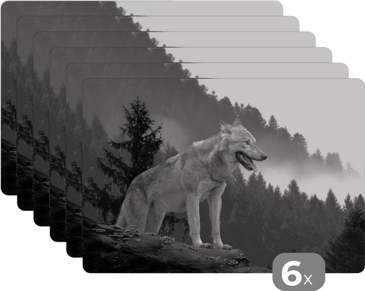 Placemats - Dieren - Wolf - Keuken - Bos - Zwart wit - Tafel - Onderlegger - 45x30 cm - 6 stuks